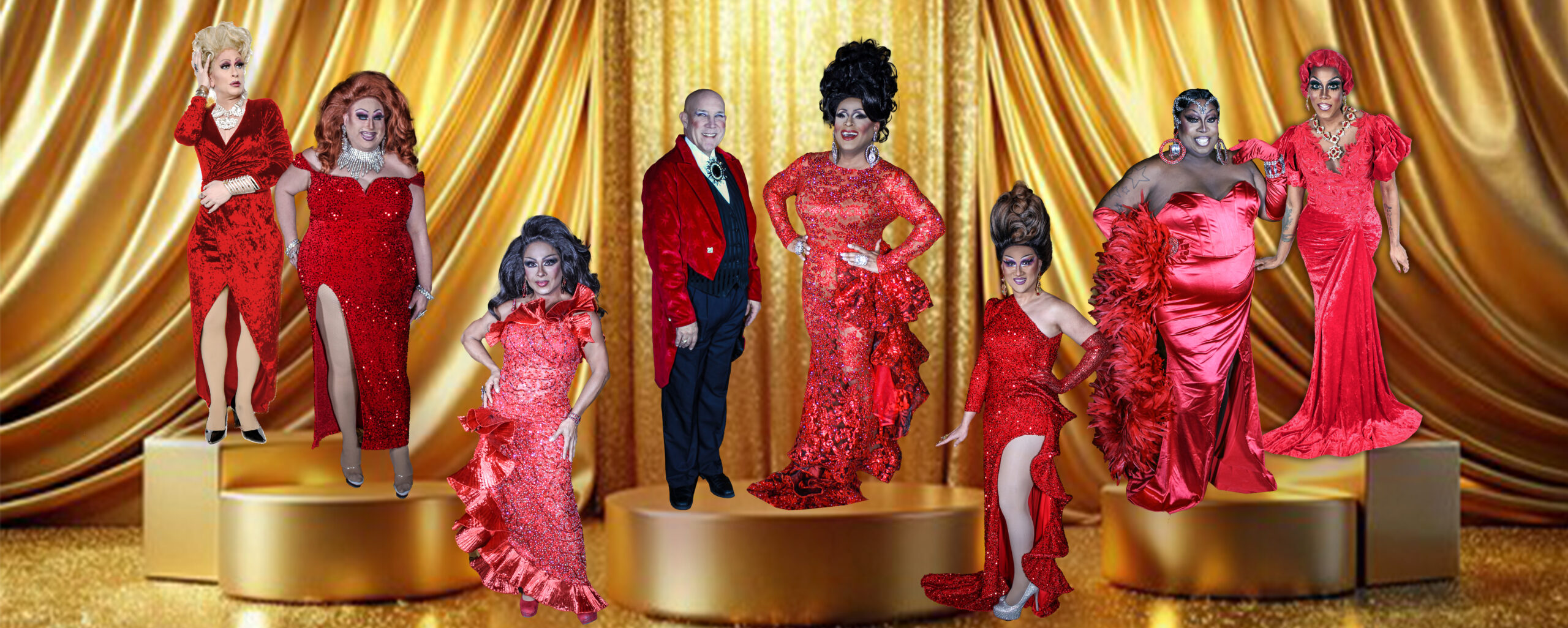 Star studded line up of Darcelle XV & Company drag performers. From left to right, Bolivia Carmichaels, Cassie Nova, Bebe Jay, Mr. Mitchel, Poison Waters, BinKyee Bellflower, Alexis Campbellstarr, T'kara Campbellstarr.